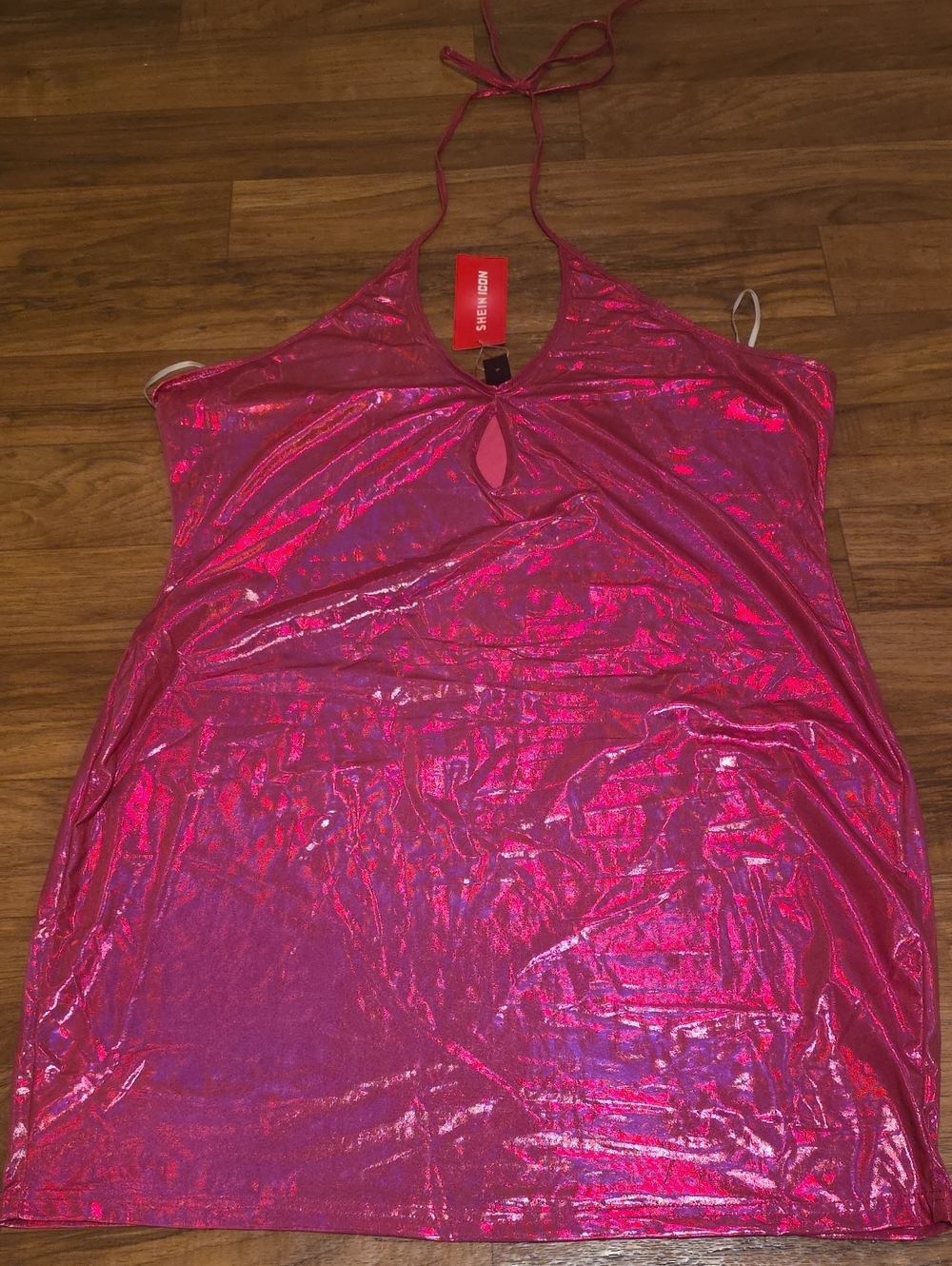 SHEIN Shimmering Hot Pink Halter Mini Dress